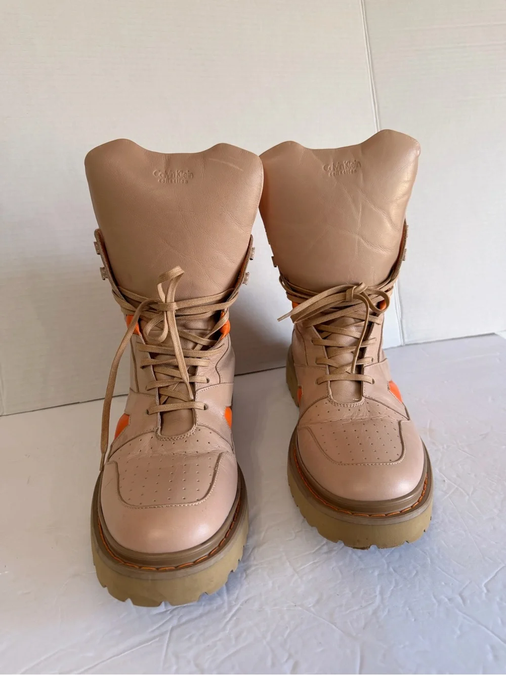 Calvin Klein Collection Beige and Orange Leather High-Top Boots
